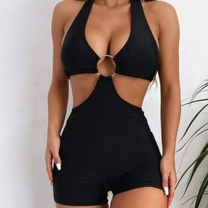Ring linked cut out halter one piece swimsuit